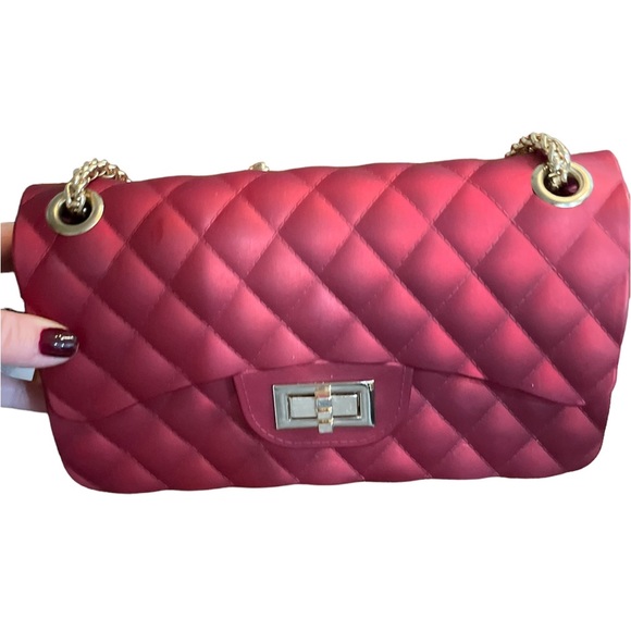 NWOT Le Miel Ruby Red Matte Jelly Medium Flap Bag Crossbody Gold Double Chain - Picture 10 of 12